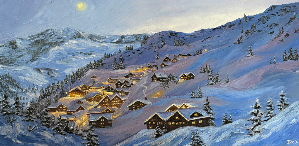 "Warm Lights in Snow" - UNIKAT - Öl auf Leinwand - 35cm x 70cm