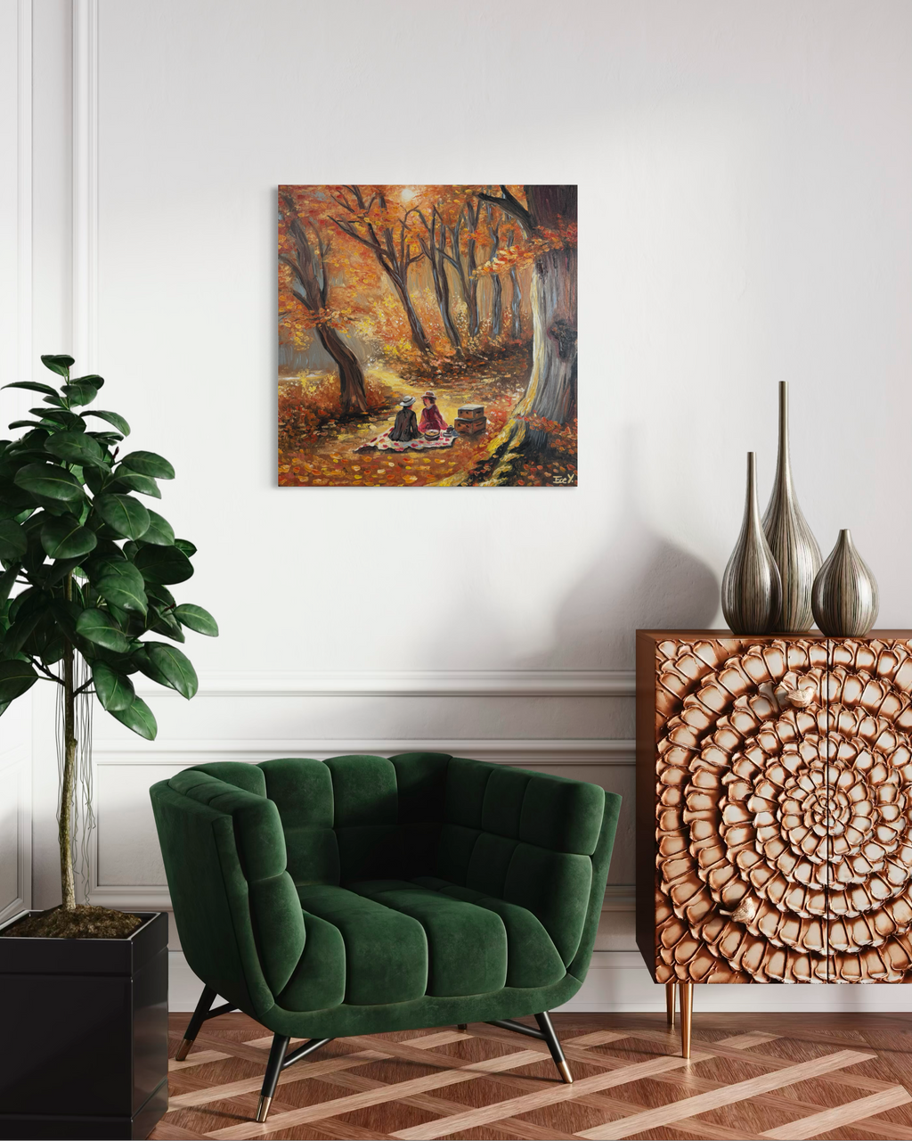 "Picnic Amidst the Golden Leaves"  - UNIKAT - Öl auf Leinwand - 50cm x 50cm