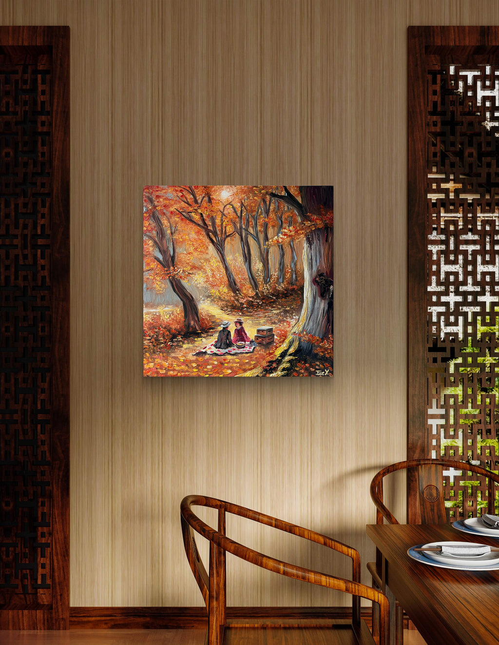 "Picnic Amidst the Golden Leaves" - UNIKAT - 50 cm x 50 cm