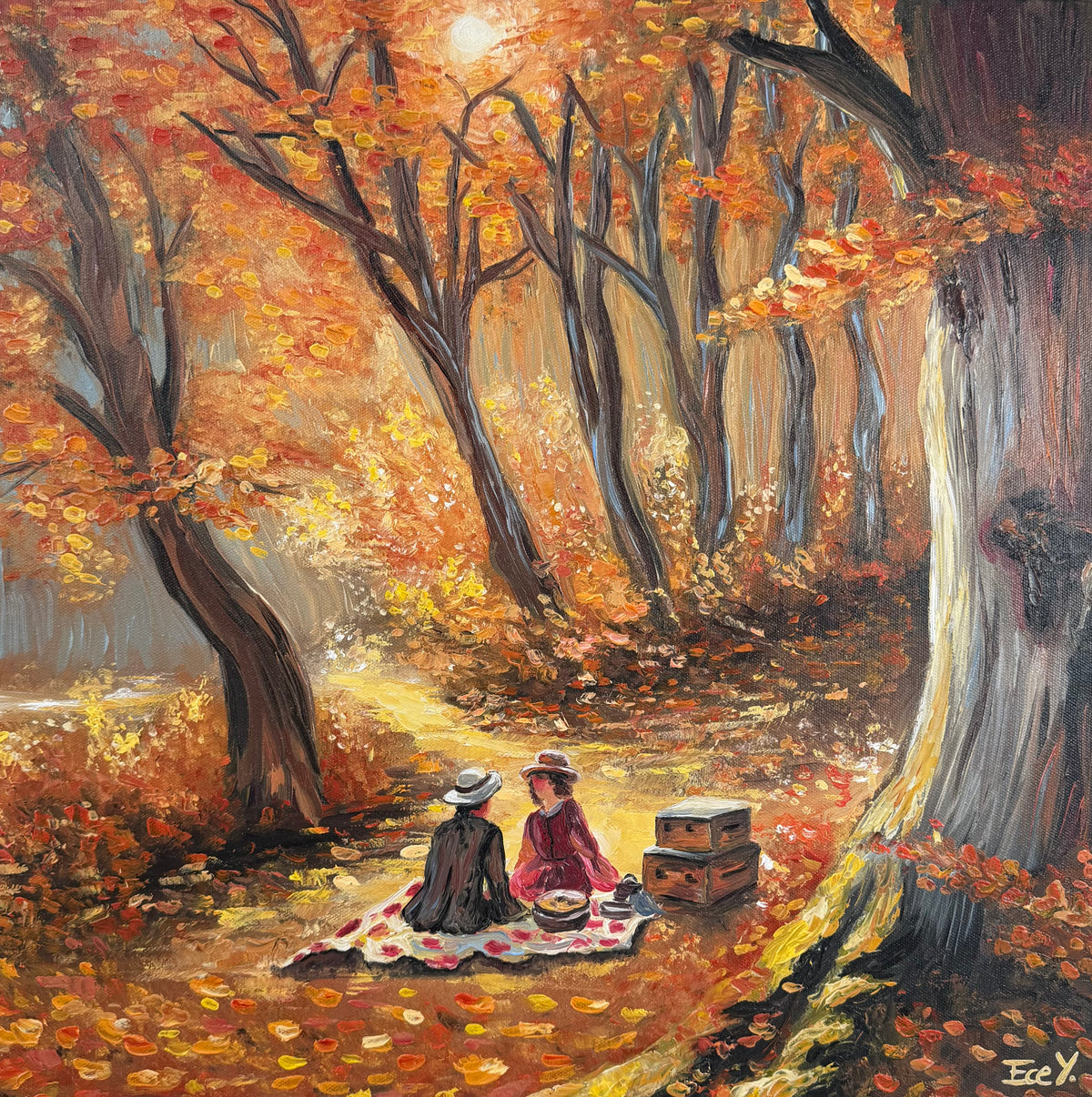 "Picnic Amidst the Golden Leaves"  - UNIKAT - Öl auf Leinwand - 50cm x 50cm