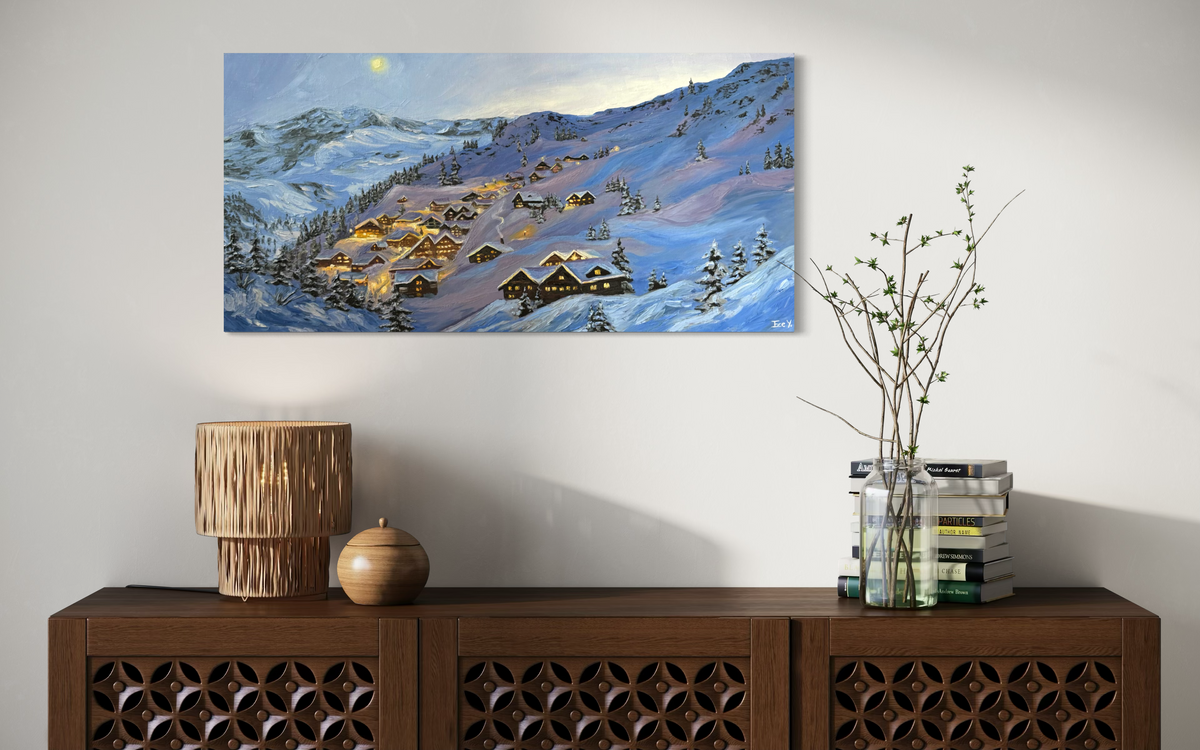 "Warm Lights in Snow" - UNIKAT - Öl auf Leinwand - 35cm x 70cm