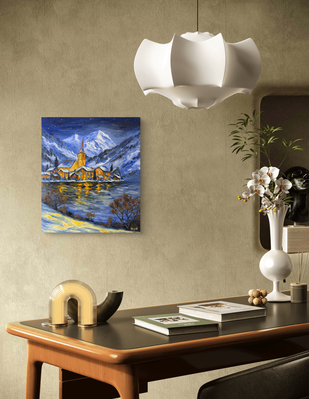 "Hidden Village Beneath the Snow" - UNIKAT - 40cm x 50cm