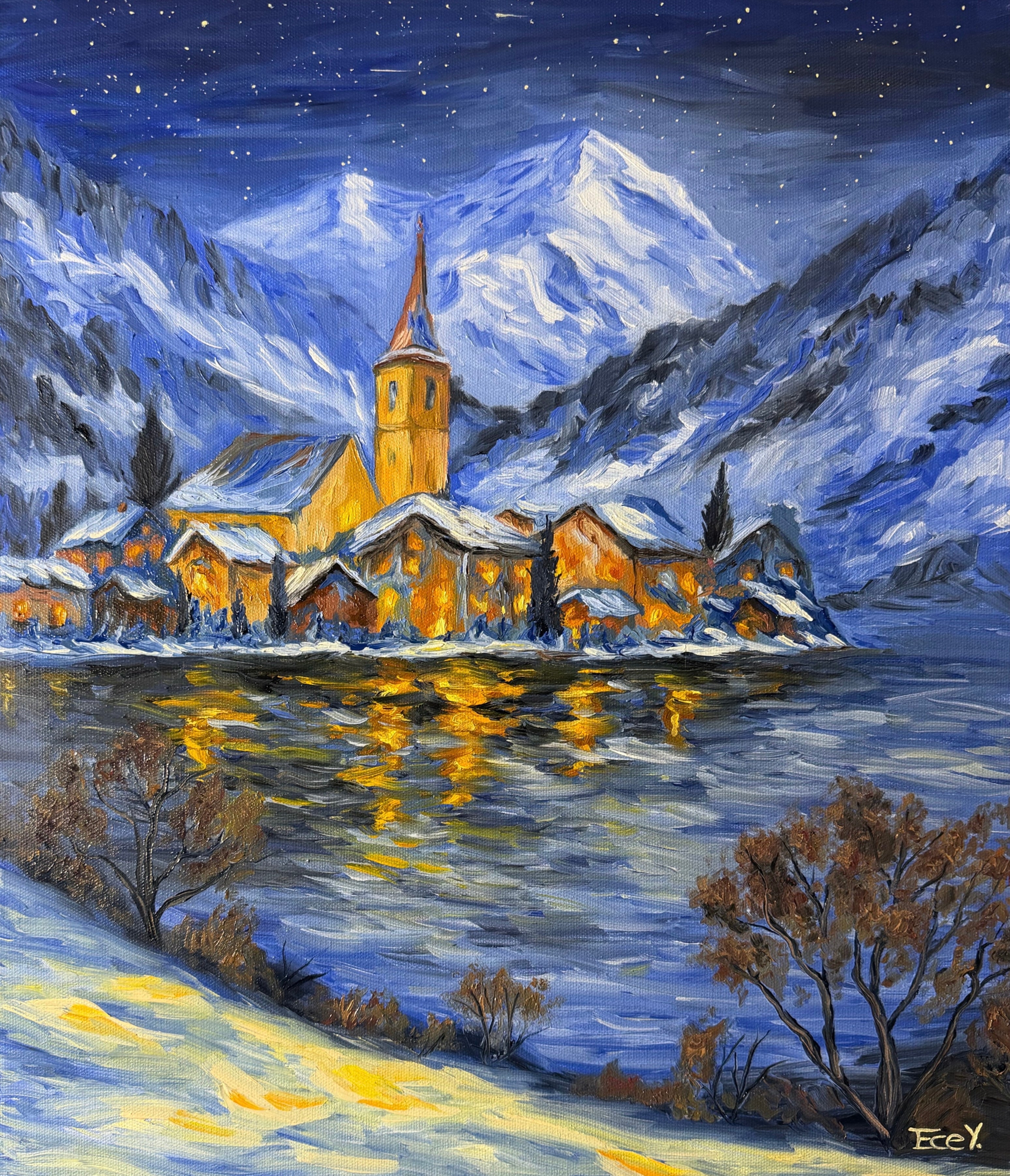 "Hidden Village Beneath the Snow" - UNIKAT - 40cm x 50cm