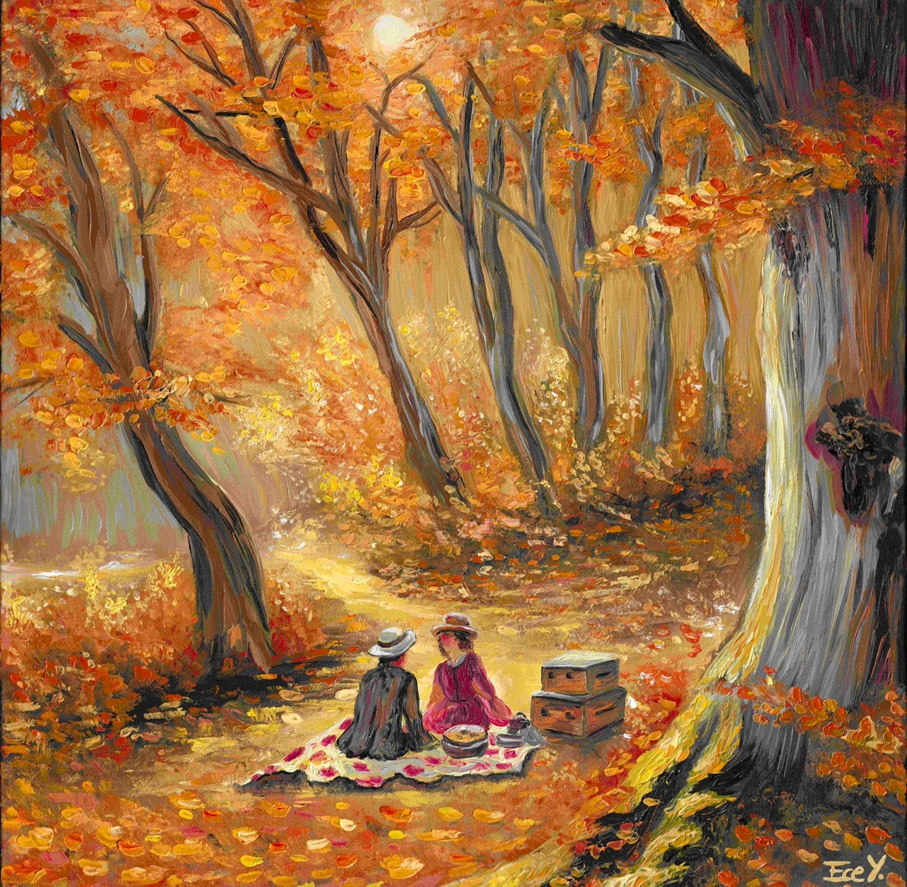 "Picnic Amidst the Golden Leaves" - UNIKAT - 50 cm x 50 cm
