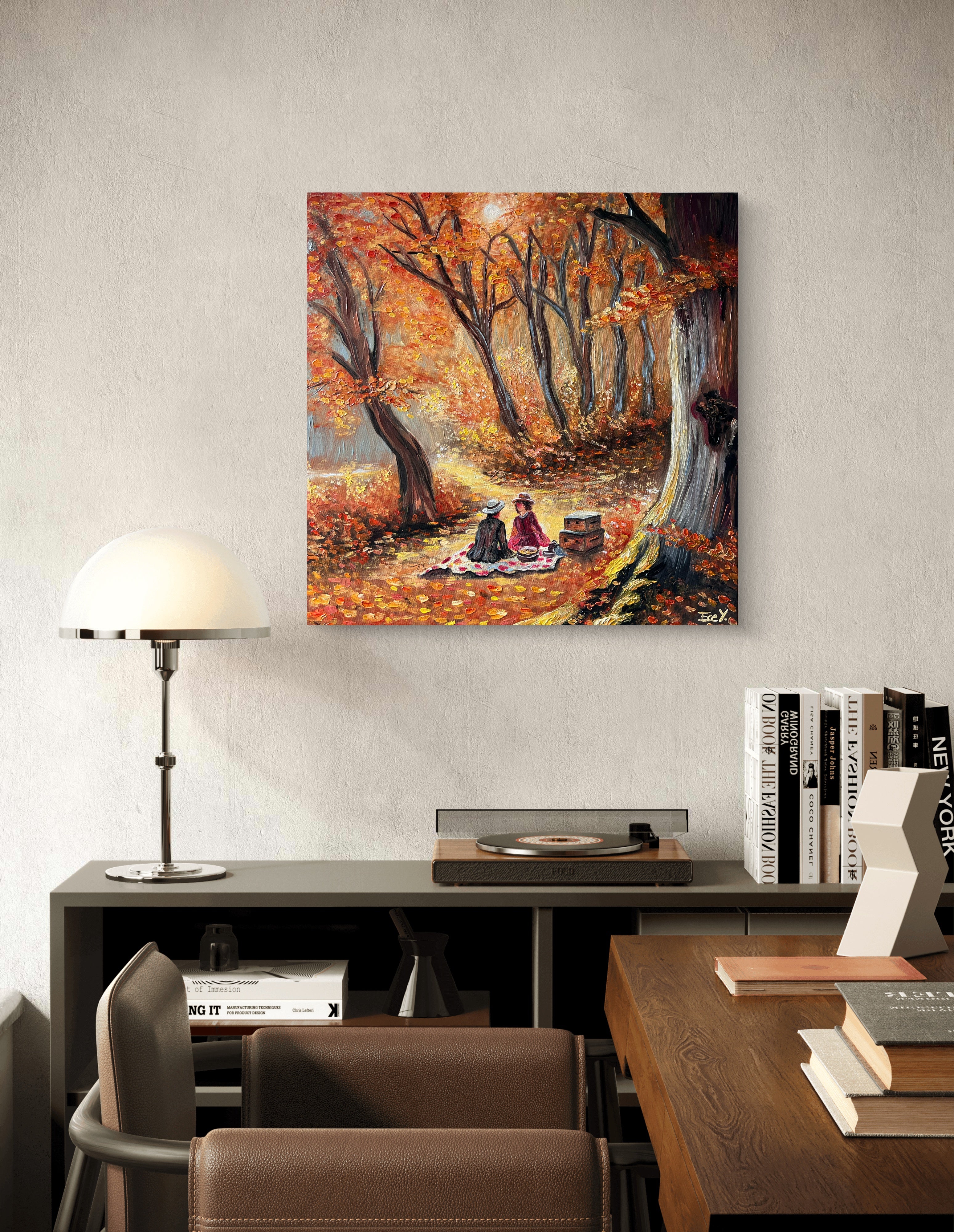 "Picnic Amidst the Golden Leaves" - UNIKAT - 50 cm x 50 cm